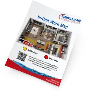 Color-coded in-unit work map by Replumb Specialties Inc. for multifamily residents, detailing pipe replacement project areas and traffic paths.